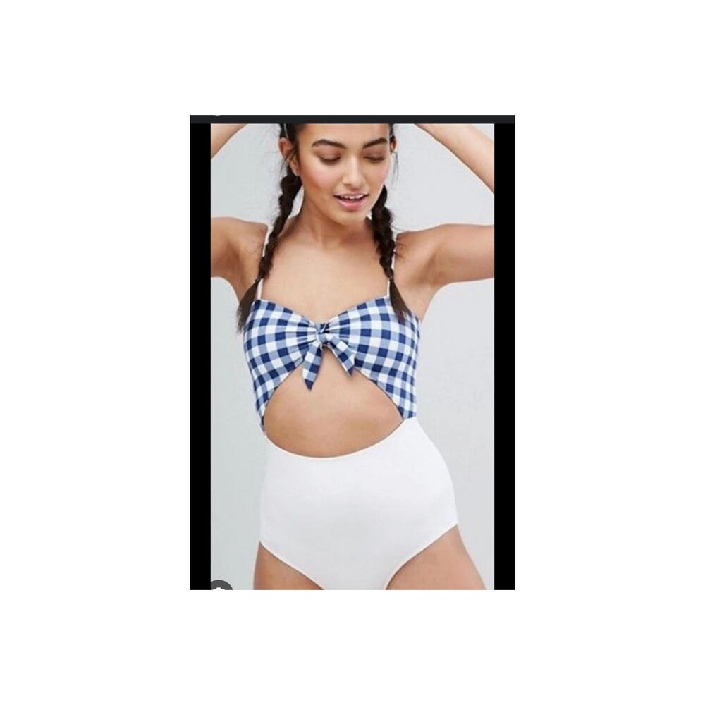 nwot Monki blue white gingham, cut out,‎ front tie, one piece bathing suit sz M